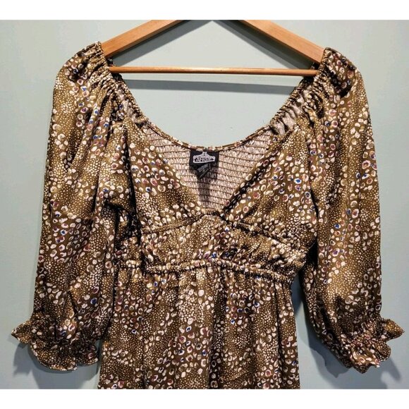 Brown Multicolor Spotted 3/4 Sleeve Empire Waist Flowy Mini Dress Sz M Coquette - Picture 2 of 8